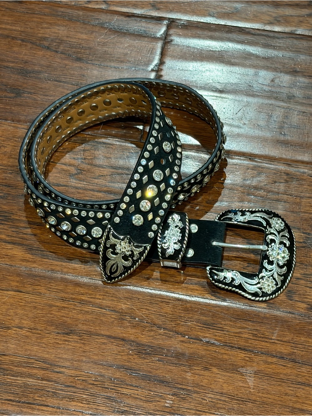 Nocona Black Rhinestone Western Belt with Ornate Silver Buckle